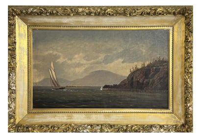 OIL / CANVAS SGND BRAMHALL "SAILBOAT ALONG THE SHORE" INSCRIBED IN VERSO, CANADIAN MTS. IN DISTANCE