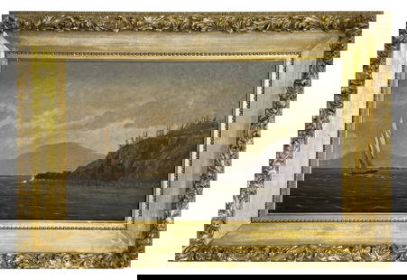 OIL / CANVAS SGND BRAMHALL "SAILBOAT ALONG THE SHORE" INSCRIBED IN VERSO, CANADIAN MTS. IN DISTANCE: OIL / CANVAS SGND BRAMHALL "SAILBOAT ALONG THE SHORE" INSCRIBED IN VERSO, CANADIAN MTS. IN DISTANCE 14" X 24"