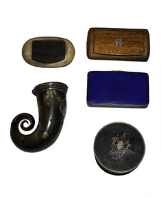 5 SNUFF BOXES INC. RAMS HORN, 1811 PRESENTATION, 2 SILVER, 1 WITH ENAMEL & BURL WOOD
