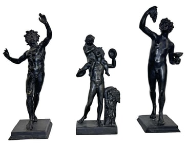 3 SMALL BRONZE GRAND TOUR FIGURES AFTER POMPEIAN SCULPTURES INC. BACCHUS, DANCING FAUN & INFANT ON