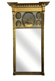 NY FEDERAL LOOKING GLASS W/ EGOLMISE PANEL, SWANS 54" X 29 1/2" OVERALL
