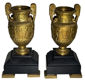 PR OF GRAND TOUR GRECO ROMAN MANTLE GARNITURES ON BLACK SLATE BASES 10" TALL