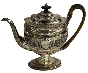 ENGLISH STERLING SILVER TEAPOT, 9" X 11 1/2" APPROX. 24 TROY OZ
