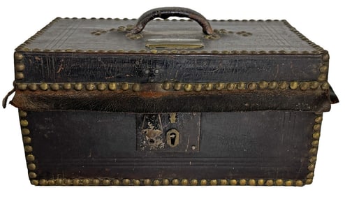 LEATHER COVERED 19THC. BOX WITH OTIS ALLEN, LOWELL MA LABEL 6" X 12" X 7"