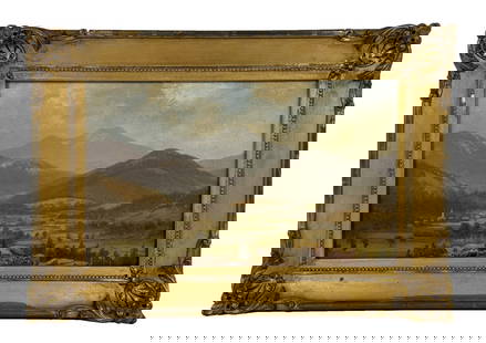 OIL / BOARD EXPANSIVE 19TH C. LANDSCAPE, UNSIGNED 8" X 13": OIL / BOARD EXPANSIVE 19TH C. LANDSCAPE, UNSIGNED 8" X 13"