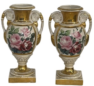 PR OF OLD PARIS URNS WITH HAND PAINTED FLORAL DECORATION 11 3/4"