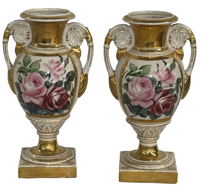 PR OF OLD PARIS URNS WITH HAND PAINTED FLORAL DECORATION 11 3/4" (1 of 5)