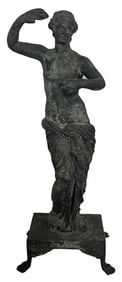 GRAND TOUR BRONZE OF A GREEK GODDESS SPINNING, AFTER THE ANTIQUE 18 1/2" X 8 1/2"