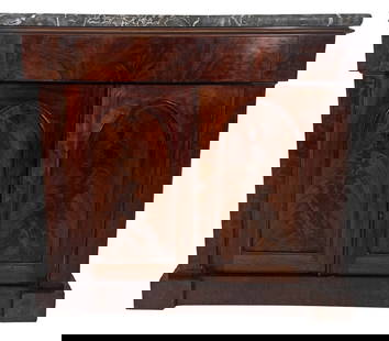 BOSTON MARBLE TOP MAHOGANY TWO DOOR CABINET W/ EGYPTIAN MARBLE TOP 36 1/2" X 49 3/4" X 19": BOSTON MARBLE TOP MAHOGANY TWO DOOR CABINET W/ EGYPTIAN MARBLE TOP 36 1/2" X 39 3/4" X 19"