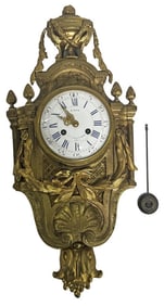 FRENCH WALL CLOCK IN FIRE GILDED CASE, PORCELAIN DIAL, M. BLUM, PARIS   22" X 10"