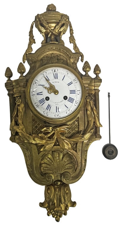 FRENCH WALL CLOCK IN FIRE GILDED CASE, PORCELAIN DIAL, M. BLUM, PARIS   22" X 10" (1 of 4)