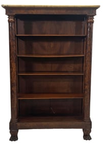 RARE MAHOGANY OPEN BOOKCASE WITH MARBLE TOP, PAW FEET, ALL ORIGINAL 59" X 36" X 11"