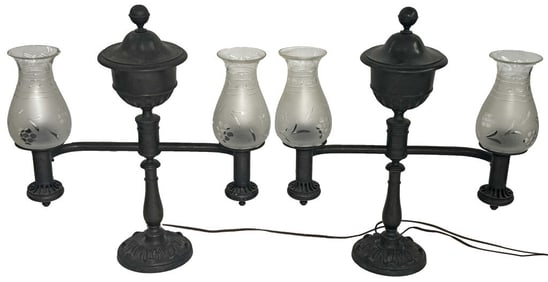PR OF DOUBLE ARM BRONZE ARGAND LAMPS, JOHNSTON BROOKES, LONDON ELECTRIFIED 18 1/2" X 16"