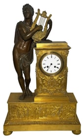 DORE BRONZE FIGURAL MANTLE CLOCK, APOLLO & HIS LYRE 26" X 16" X 6 3/4"