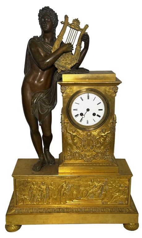 DORE BRONZE FIGURAL MANTLE CLOCK, APOLLO & HIS LYRE  26" X 16" X 6 3/4" (1 of 10)