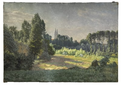 OIL / CANVAS LANDSCAPE WITH CHARTRES CATHEDRAL SPIRES IN THE BACKGROUND SIGNED E.E.P. ??? 18" X 25