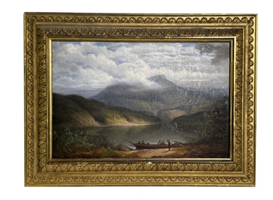 OIL / BOARD "LANDSCAPE WITH FISHERMEN LOADING" SIGNED INDISTINCTLY 18" X 12"