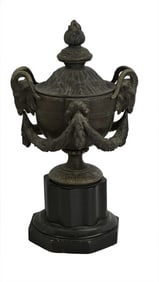 GRAND TOUR BRONZE COVERED URN WITH RAM HEADS & GARLANDS 14" X 8"