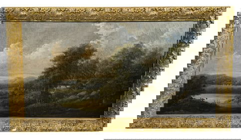 OIL / CANVAS SGND CH. NOEL, EXPANSIVE LANDSCAPE WITH FIGURE & HOUSE  18 3/4" X 36 1/4"