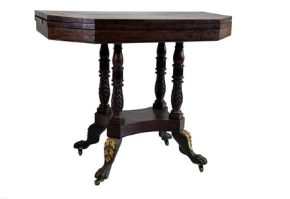 NY CLASSICAL CARD TABLE ATTRIB. TO DUNCAN PHYFE WORKSHOP, IN ORIGINAL SURFACE 29" X 35 3/4" X 18"