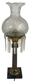 ELECTRIFIED ASTRAL LAMP WITH ORIGINAL SHADE & COLUMNAR SHAFT 24 1/2" TALL