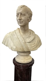 MARBLE BUST OF MR. JAMES TYLER AMES, A MERCHANT OF ARMS & TOOLS, CHICOPEE FALLS, MA, UNSIGNED 28" X