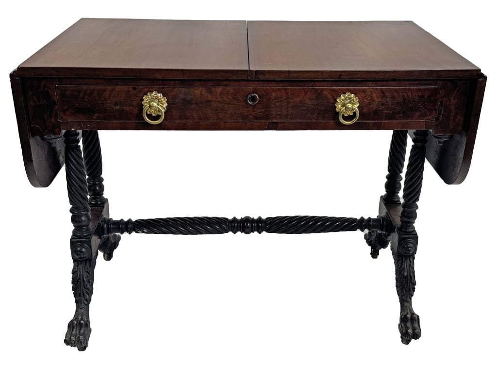 NY MAHOGANY SOFA/ WRITING TABLE W/ SUPERBLY CARVED FEET 29 1/2" X 37" CLOSED X 21" 57 1/2" OPEN (1 of 12)