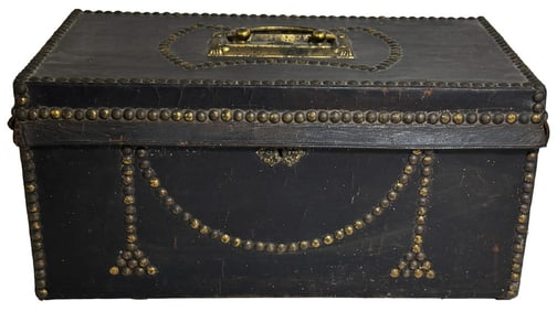 LABELED LEATHER COVERED STORAGE BOX, EBENEZER TIRRELL JR. NEW BEDFORD 7 1/2" TALL X 15 3/4" X 8 1/2"