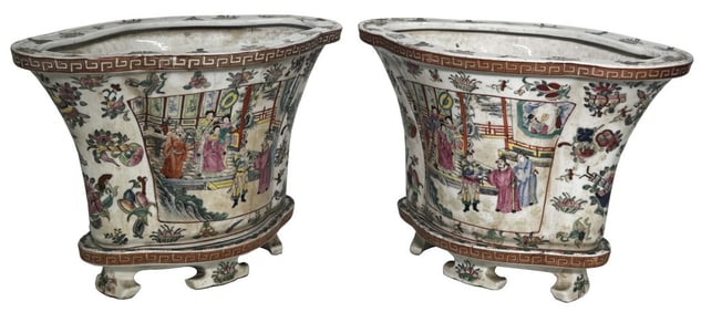 PAIR OF CHINESE EXPORT PLANTERS WITH STANDS 10" X 14" X 9"