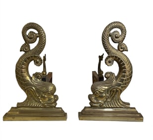 PAIR OF DOLPHIN FORM ANDIRONS W/ DOPHIN LOG STOPS 14 1/2" X 20" DEEP