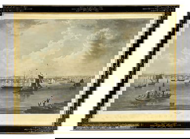 LG FOLIO 1857 "VIEW OF BOSTON HARBOUR" AFTER HILL J.W., HAND COLORED ENGRAVING 26" X 37 1/2"