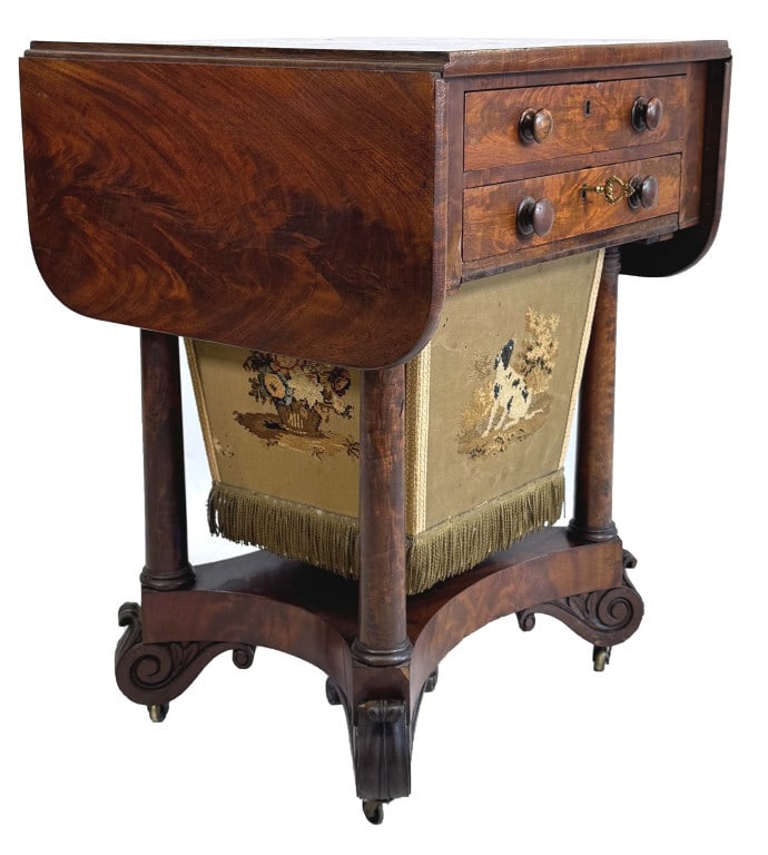 ISAAC VOSE DROPLEAF MAHOGANY WORK TABLE WITH ORIGINAL BAG 29" X 21 1/2" X 20" CLOSED (1 of 15)