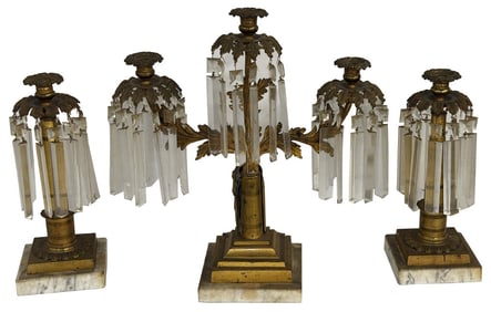 3 PC FIRE GILDED GIRONDOLE SET W/ FIGURAL 3 LIGHT CENTER SECTION, POSSIBLY CYBELE ON LOOSE MARBLE