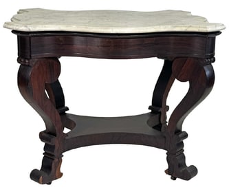 LATE FEDERAL TURTLE SHAPED CENTER TABLE, WHITE MARBLE TOP 29 3/4" X 31 1/2"