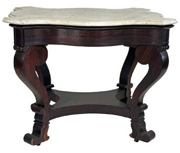 LATE FEDERAL TURTLE SHAPED CENTER TABLE, WHITE MARBLE TOP 29 3/4" X 31 1/2": LATE FEDERAL TURTLE SHAPED CENTER TABLE, WHITE MARBLE TOP 29 3/4" X 31 1/2"