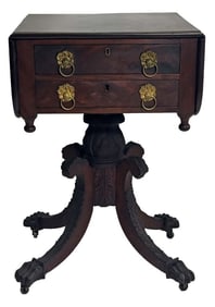 TWO DRAWER DROPLEAF WORK TABLE W/ ACANTHUS CARVED LEGS, PAW FEET & ORIG. BRASS 27" TALL X 18" CLOSED