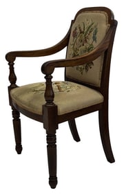 STATE HOUSE ARM CHAIR IN LATER NEEDLEPOINT UPHOLS. 38 1/2" X 23" X 20"