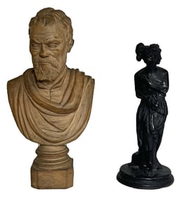MINIATURE TERRA COTTA BUST AFTER MICHELANGELO & SMALL CLASSICAL BRONZE OF A BATHER, BUST 6 1/2" X 3