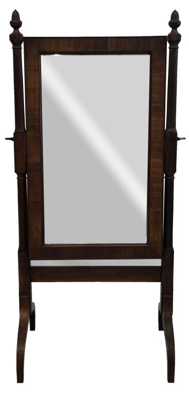 19THC. PETITE CHEVEL MIRROR WITH ACORN FINIALS & ORIGINAL GLASS PLATE 55 3/4" X 25" X 19": 19THC. PETITE CHEVEL MIRROR WITH ACORN FINIALS & ORIGINAL GLASS PLATE 55 3/4" X 25" X 19"