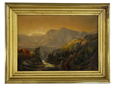 19THC. OIL / CANVAS GLOWING MOUNTAIN LANDSCAPE IN ORIGINAL FRAME 14" X 20 "