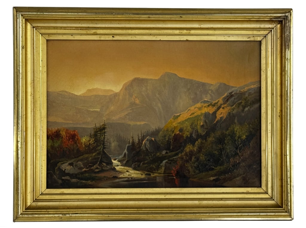 19THC. OIL / CANVAS GLOWING MOUNTAIN LANDSCAPE IN ORIGINAL FRAME 14" X 20 " (1 of 5)