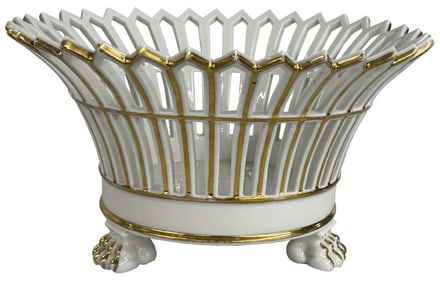 OLD PARIS PORCELAIN FRUIT BASKET WITH GILDING & PAW FEET 6" X 11"