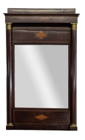 MAHOGANY INLAID EMPIRE PERIOD MIRROR W/ COLUMNS FLANKING THE MIRROR PLATE 45" X 27"