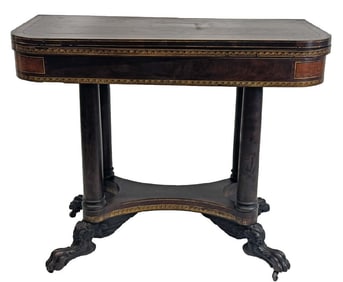 STENCIL DECORATED CLASSICALLY CARVED CARD TABLE, NEW YORK CITY, PROB. DEMING & BULKLEY C. 1825 29