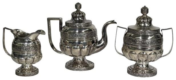 AMERICAN C. 1805 COIN SILVER 3 PC. TEA SET BY W.B. HEYER (WILLIAM D. HEYER, NYC APPROX. 53 TROY OZ