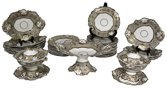 ENGLISH 19THC. DESSERT SERVICE INC. 2 PRESERVE / SAUCE TUREENS, 8 RECTANGULAR PLATES,  4 LOZENGE