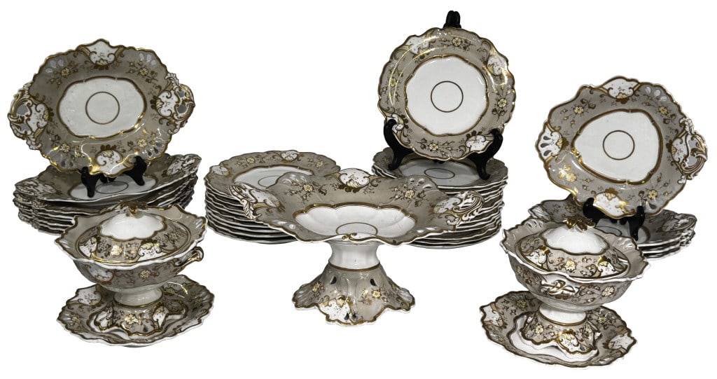 ENGLISH 19THC. DESSERT SERVICE INC. 2 PRESERVE / SAUCE TUREENS, 8 RECTANGULAR PLATES,  4 LOZENGE (1 of 10)