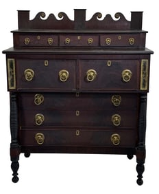 LEVI N. LELAND DATED 1828 GRAFTON, MA IMPT. CHEST WITH EGOLMISE PANELS & ORIGINAL SURFACE  54" X 42"