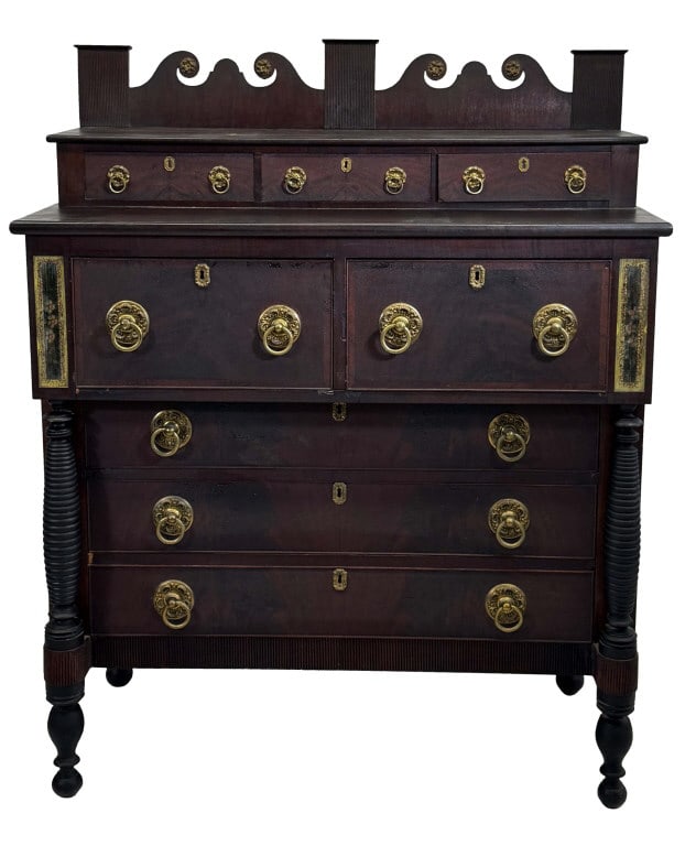 LEVI N. LELAND DATED 1828 GRAFTON, MA IMPT. CHEST WITH EGOLMISE PANELS & ORIGINAL SURFACE 54" X 42": LEVI N. LELAND DATED 1828 GRAFTON, MA IMPT. CHEST WITH EGOLMISE PANELS & ORIGINAL SURFACE, LABELED 54" X 42" X 20 1/2"