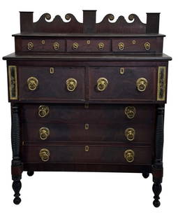 LEVI N. LELAND DATED 1828 GRAFTON, MA IMPT. CHEST WITH EGOLMISE PANELS & ORIGINAL SURFACE  54" X 42": LEVI N. LELAND DATED 1828 GRAFTON, MA IMPT. CHEST WITH EGOLMISE PANELS & ORIGINAL SURFACE, LABELED 54" X 42" X 20 1/2"